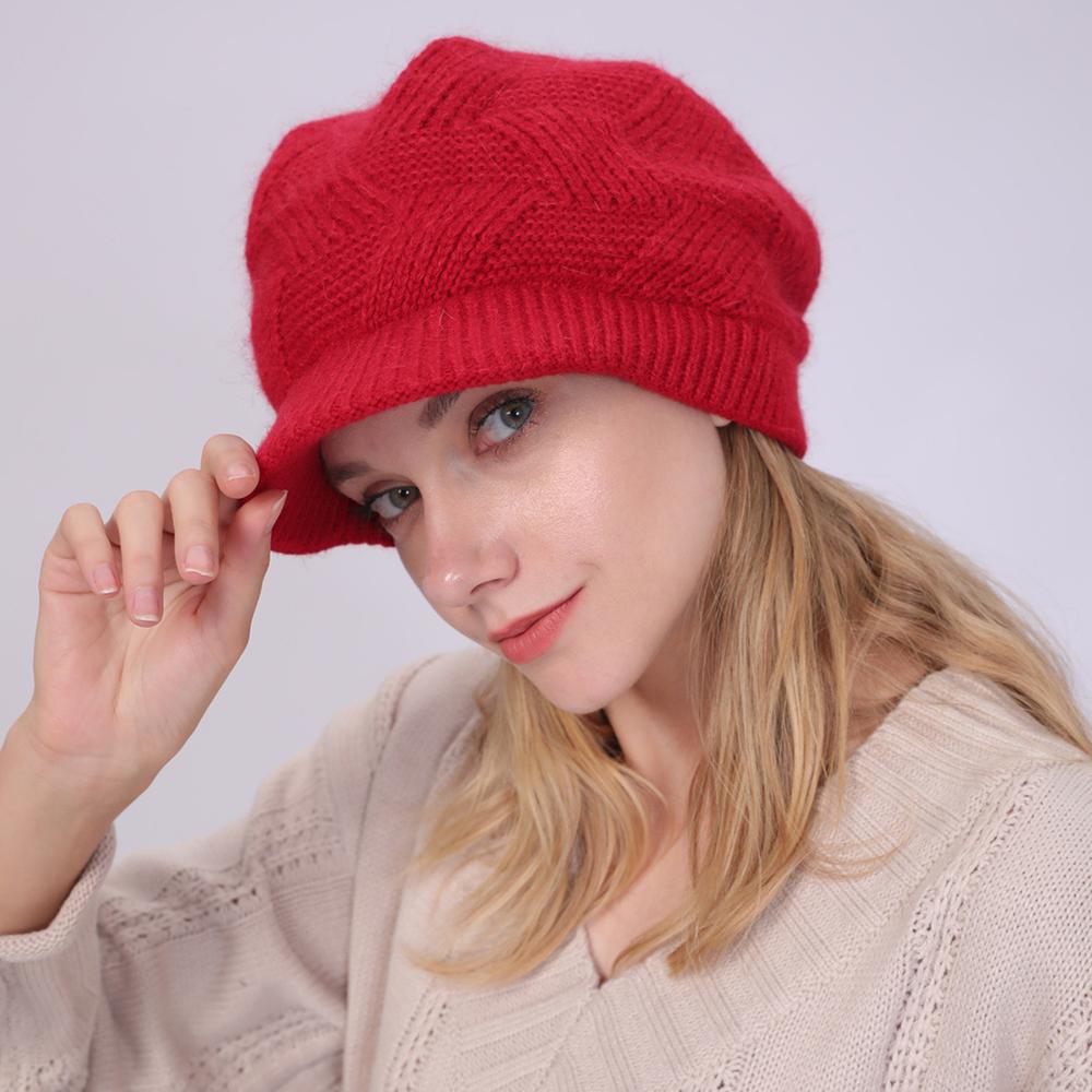 Chapeaux en laine tricotée Skullies, 1 pièce, bonnets de cyclisme en plein air en poils de lapin pour femmes, visières chaudes en polaire, couleur unie: Red