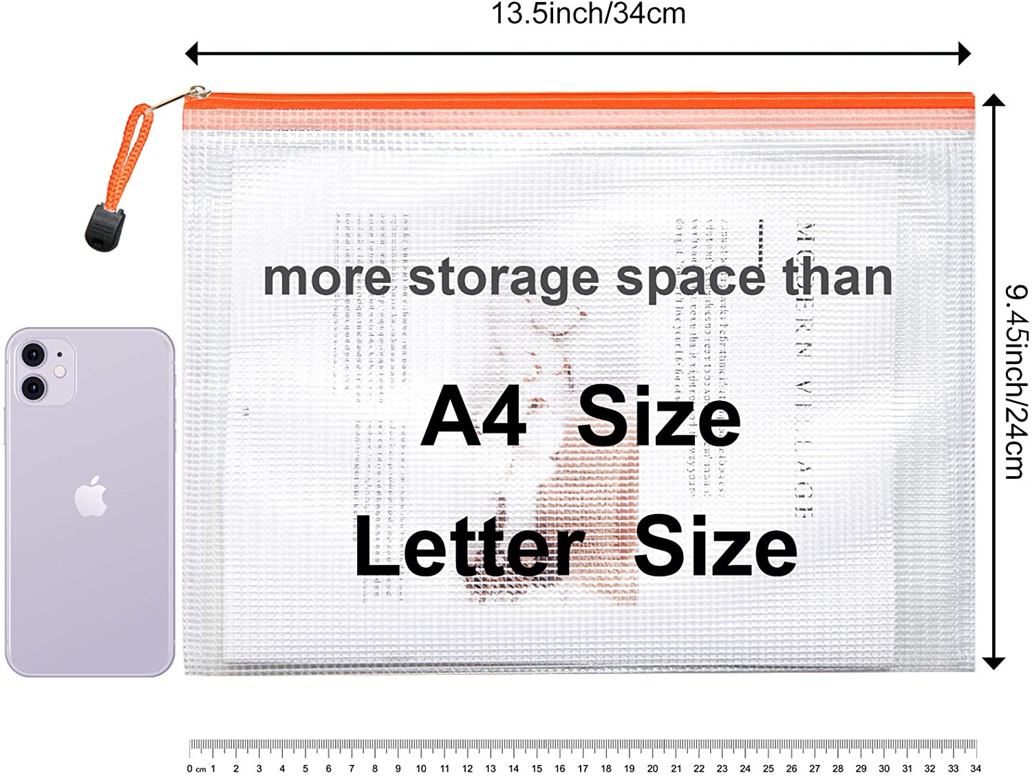 5Pcs Transparent A4 Size Mesh Zipper Plastic Folder ,Desk Paper Pencil Document Organizer Storage Bag Waterproof Stationery