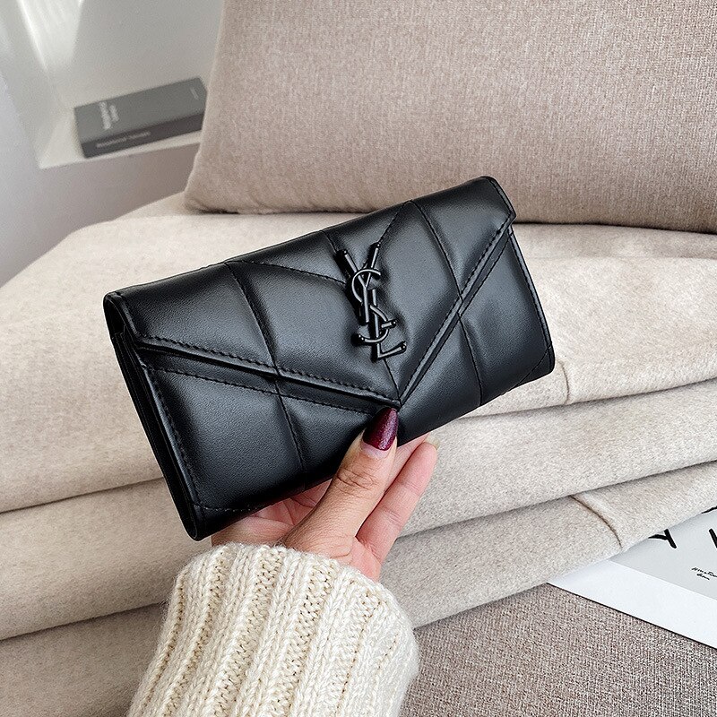 Lange portemonnee, grote capaciteit, multifunctionele vierkante koreaanse clutch, borduurgaren, drievoudige opvouwbare portemonnee