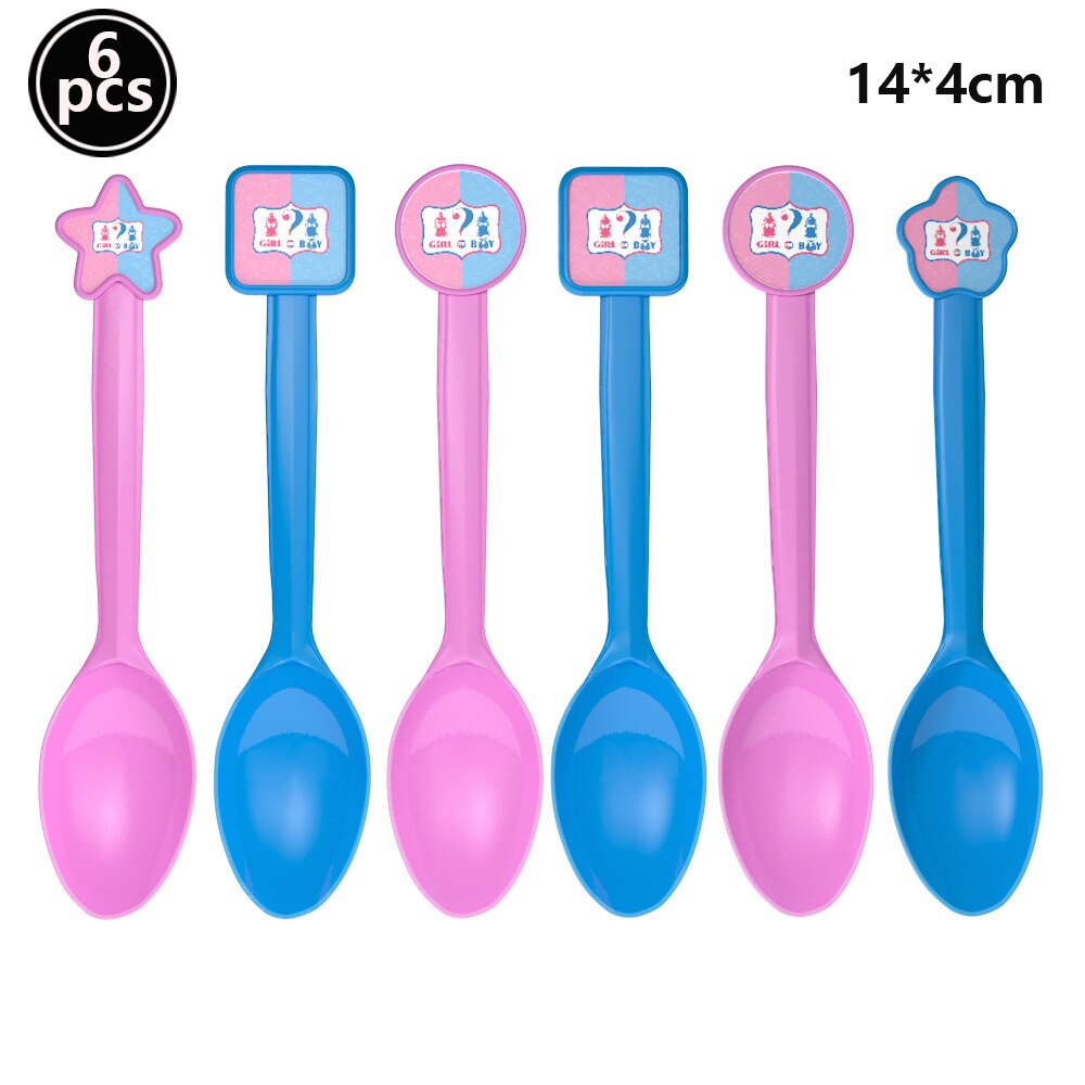 Kön avslöja porslin flicka eller pojke latex ballong banderoll papperstallrik kopp bordsduk servett baby shower födelsedagsfest inredning: Sked