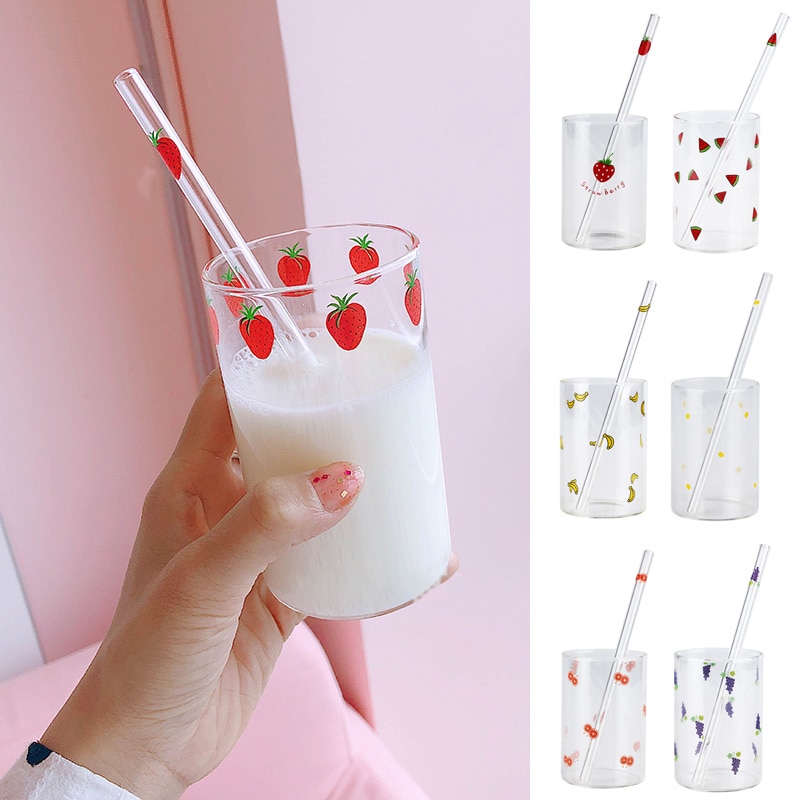 Strawberry Cute Glass Cup With Straw Transparent Water Cup Student Milk Heat Resistant Glass