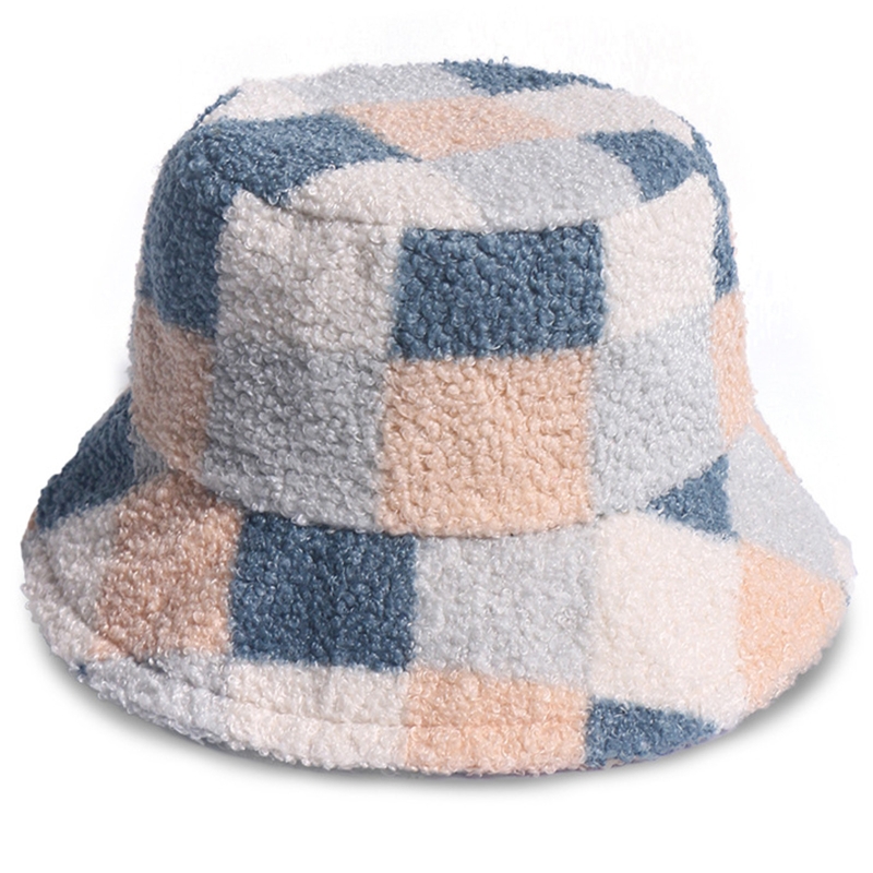 Women Men Winter Warm Fuzzy Plush Bucket Hat Sweet Color Block Plaid Printed Wide Brim Sunscreen Harajuku Fisherman Cap