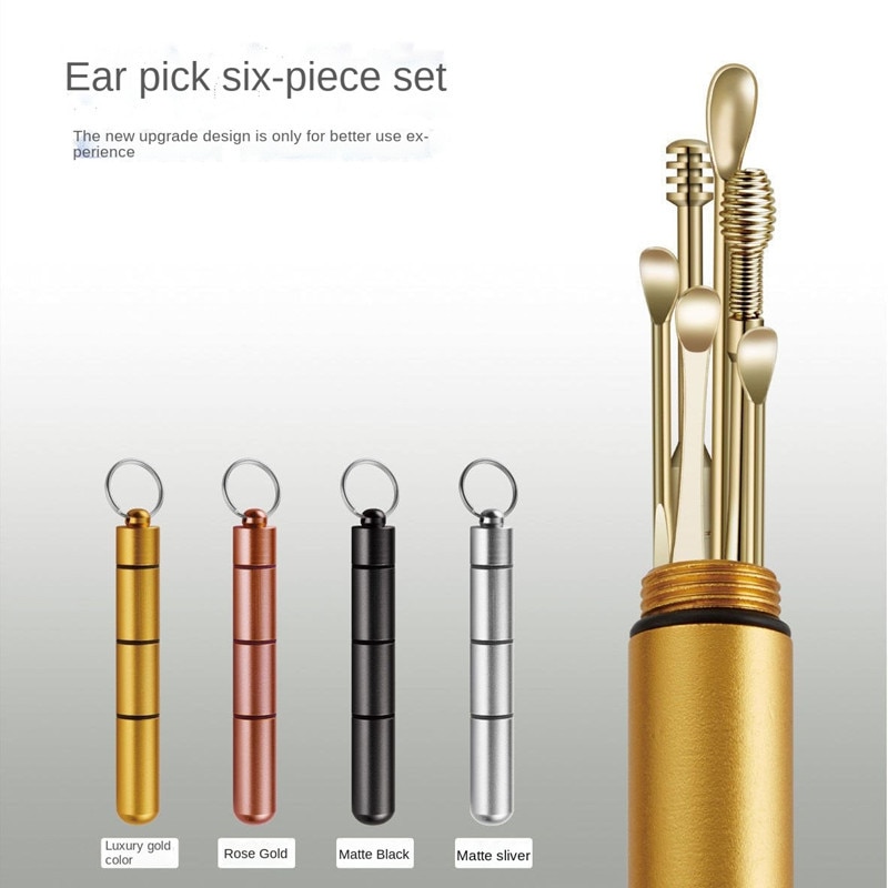 Öronpetare i rostfritt stål bärbar öronpetare 6 delar set öronrengörare dubbelfjäder öronplockningsverktyg öronvax borttagningsverktyg öronvård