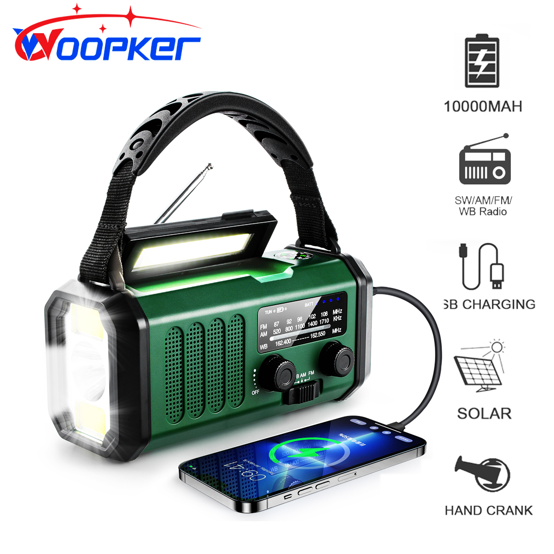 Woopker Radio E30 10000mAh Radio awaryjne FM Solar Generator korby ręcznej AM/FM/NOAA LED Przenośne radio SOS Alarm Power Bank