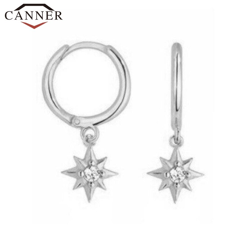 925 Sterling Silver Hoop Earrings for Women Minimalist INS Anise Star Small Sun CZ Crystal Zircon Earrings Jewelry: silver