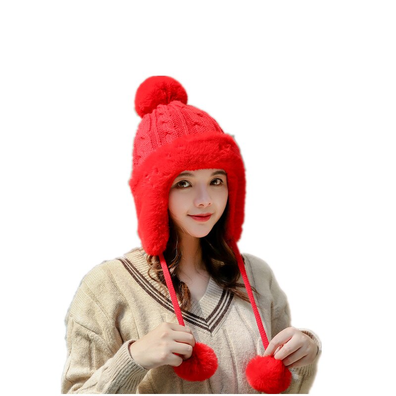 Gorro de lana con orejeras para mujer, pompón de piel de conejo, grueso, cálido, tejido frío, informal, Invierno