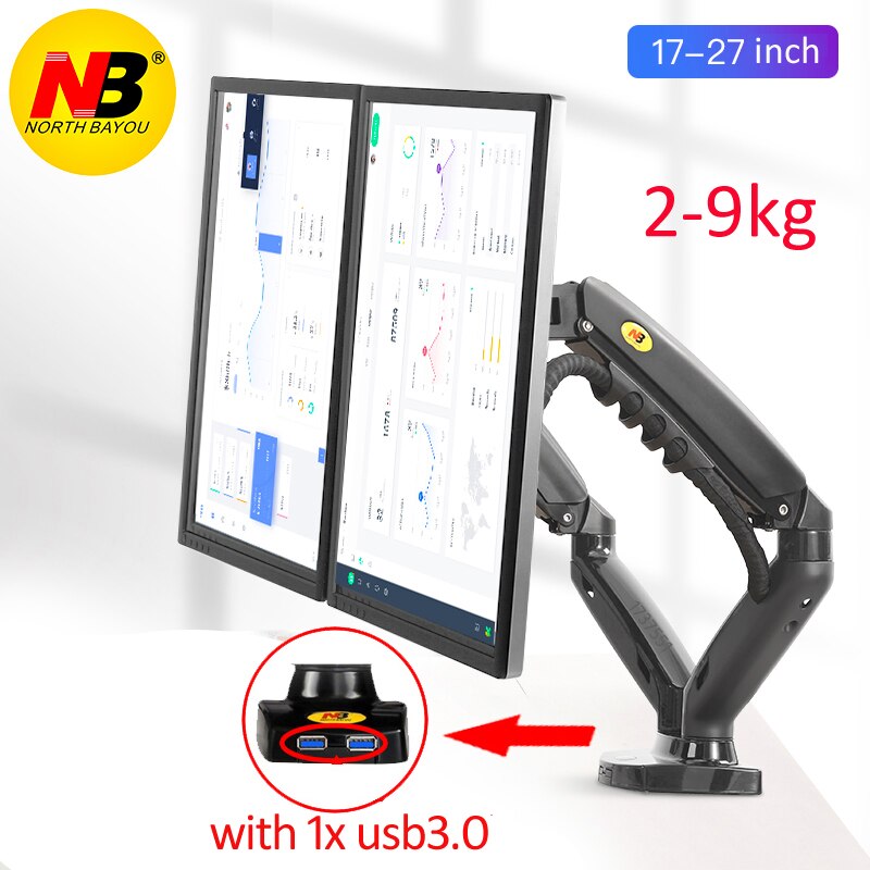 F160 gas spring 10"-27" Dual Monitor Holder Arm desktop 360 rotate computer holder 2-9KG Monitor bracket with 2 USB3.0: F160N with 1pc USB3