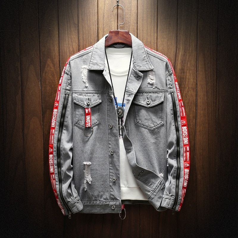 Blue Denim Jacket Men Autumn Slim Fit Hooded Ripped Jean Jacket Coat Hip Hop Streetwear Patchwork Outfit