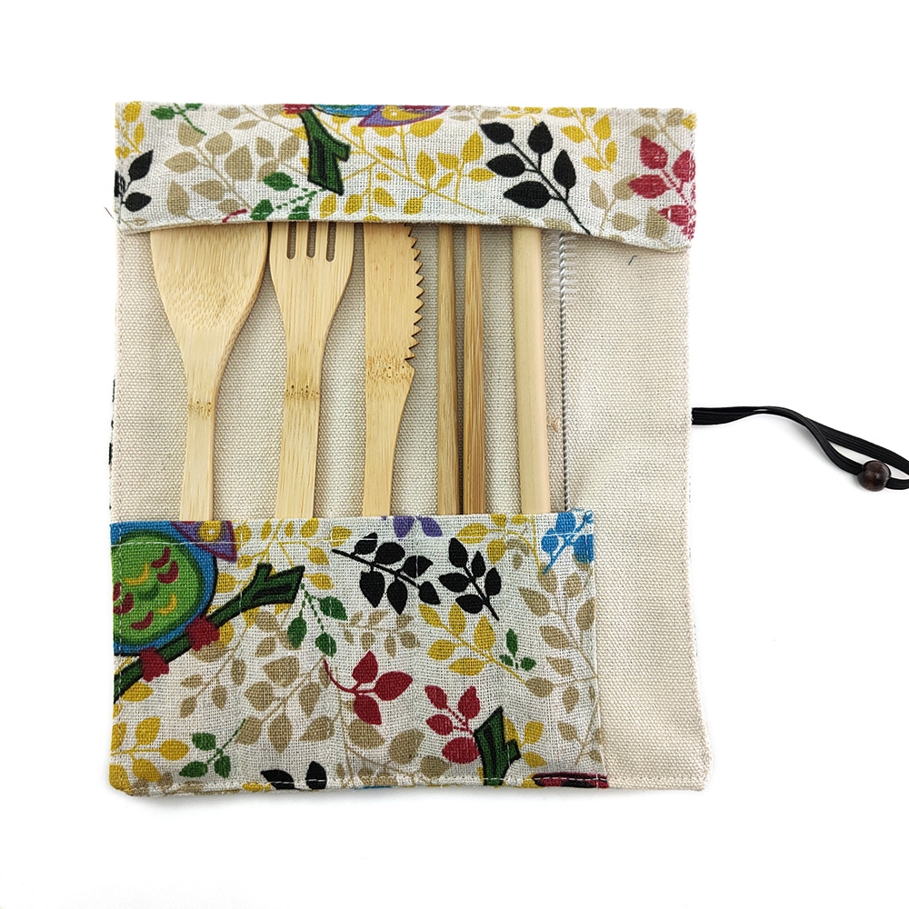 Eco Friendly Bamboo Cutlery Set of Wooden Utensils with Reusable Bamboo Spoon, Fork, Knife,and Reusable Straw Cleaner For Travel: 1705-D-1