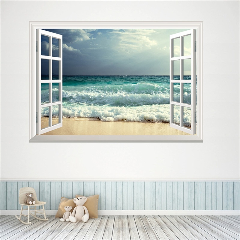 3D Beach Waves Window Wall Stickers For Living Room Bedroom Home Decor Scenery Wall Mural Art Landscape Vinly Decals Muursticker