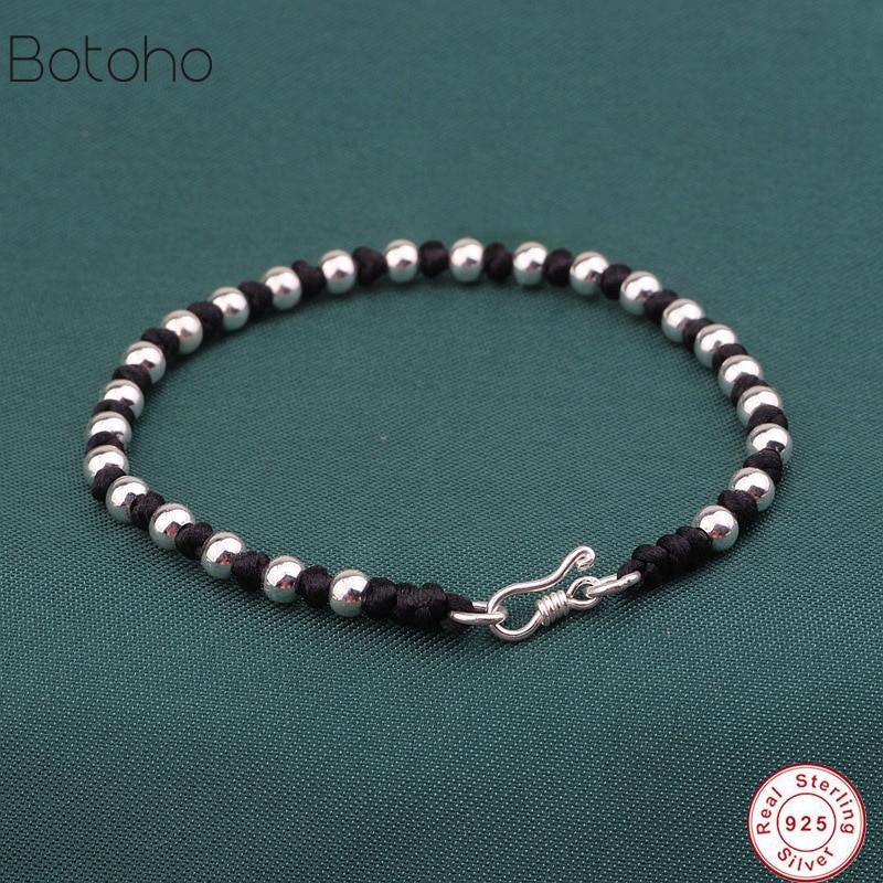 Cuerda de pulsera negra de cuentas de color plata de ley 925 hecha a mano, cuerda trenzada de la amistad, pulsera de la suerte para mujeres, hombres y parejas