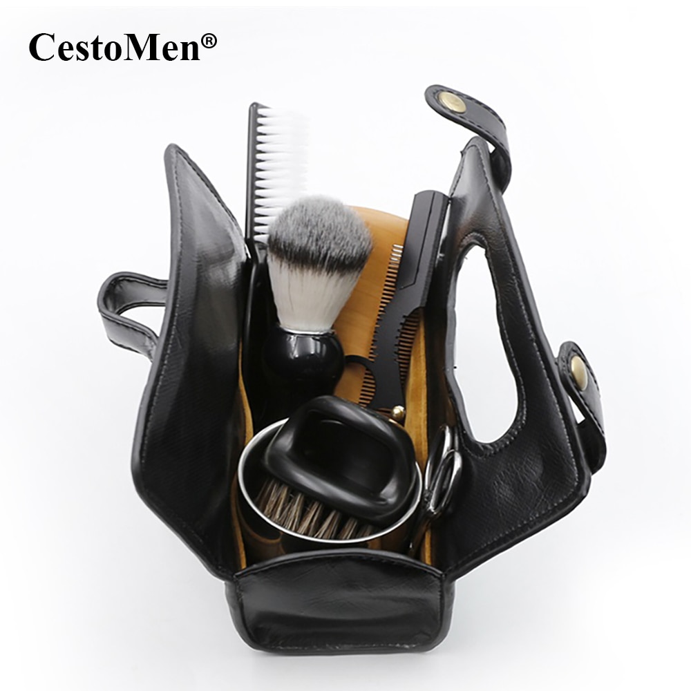 CestoMen 7 stks/set Mannen Baard Set Gentleman Snor Care Styling Haar Grooming Baard Kit Met Draagbare PU Reizen tas