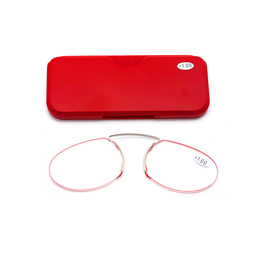 Minigafas de lectura para hombres y mujeres, lentes con Clip para la nariz, bloqueo de luz azul, billetera portátil, presbicia, con estuche, 2022: +100 / Red