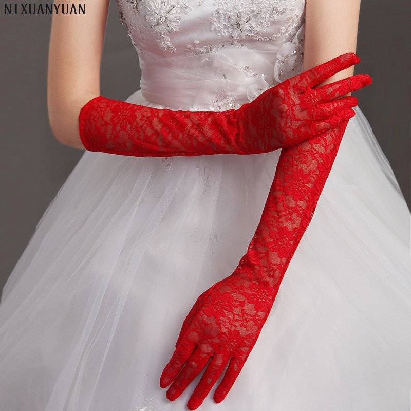 Pas cher dentelle gants de mariage blanc noir ivoire rouge coude longueur doigt gants de mariée longue taille unique accessoires de mariage