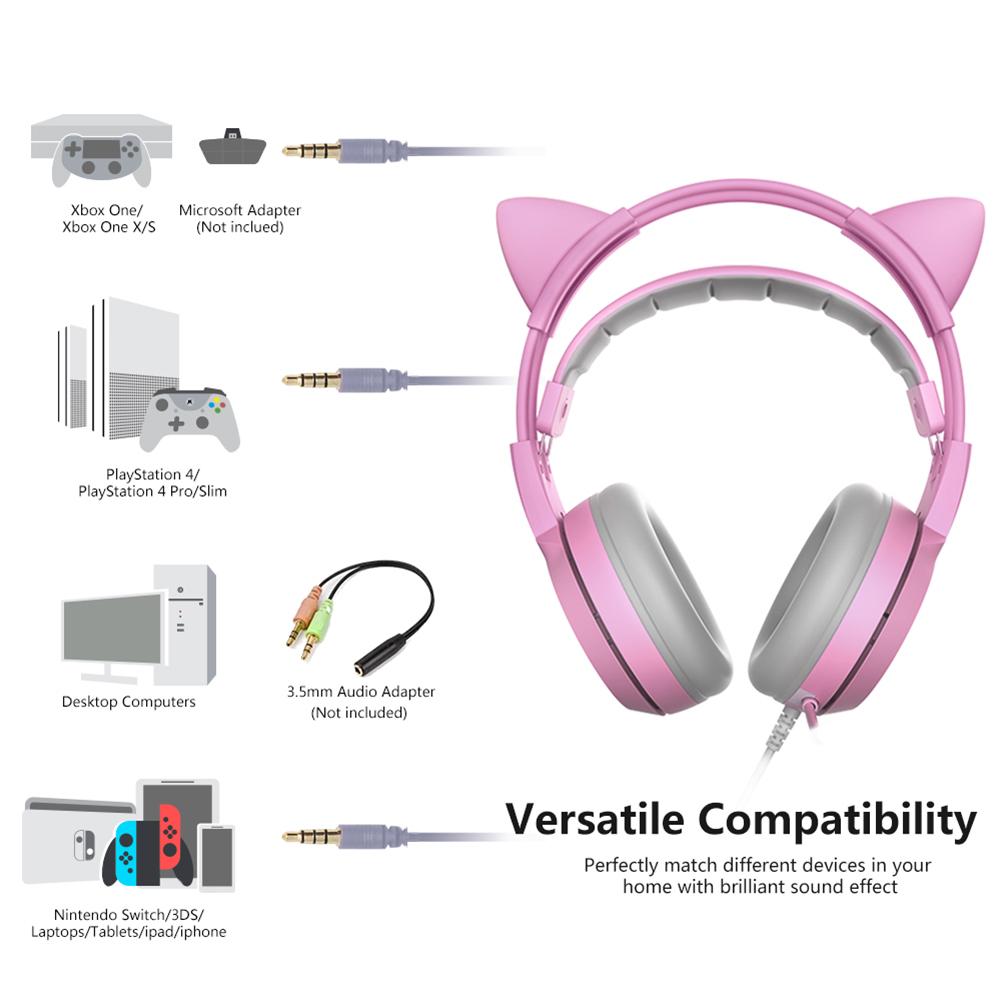 SOMIC G951s PS4 Pink Cat Ear Noise Cancelling Headphones 3.5mm Plug Girl Kids Gaming Headset with Microphone for Phone