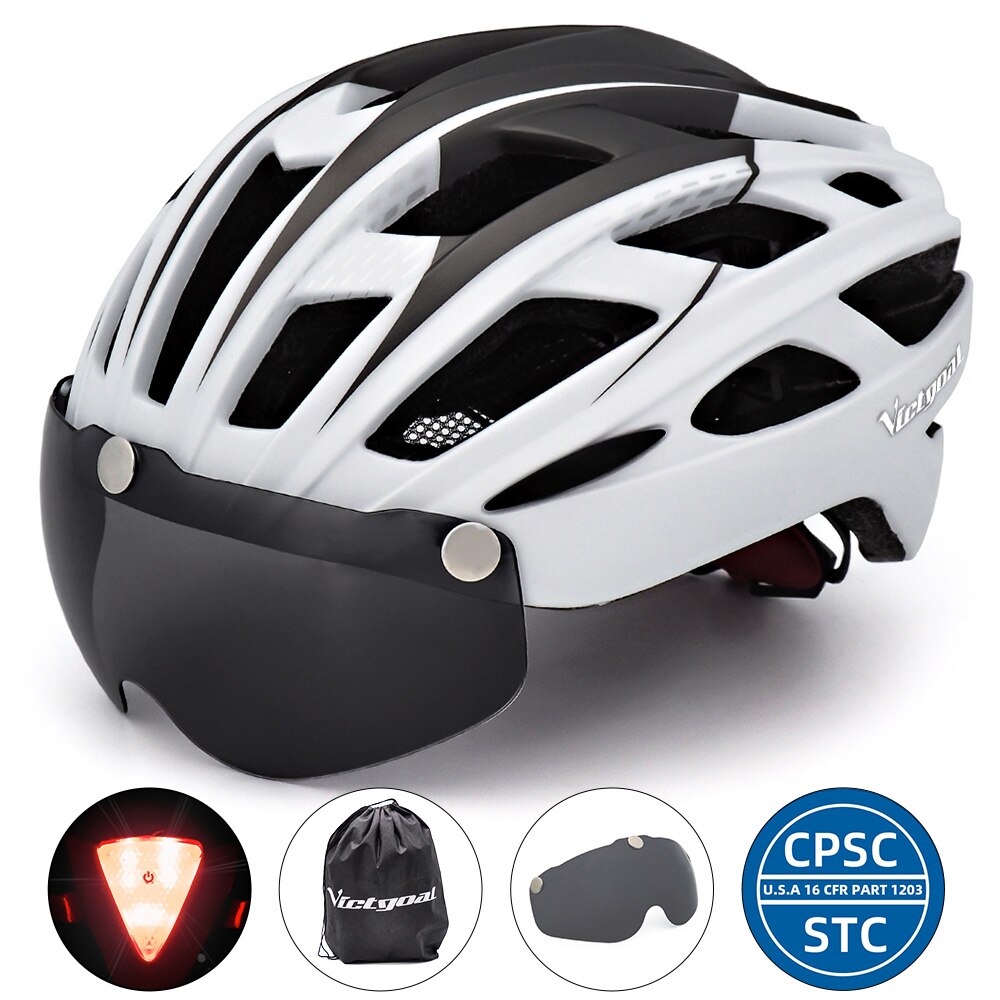 VICTGOAL Cycling Helmet with Goggles LED Rear Light Men Women Adult Bicycle Helmet Face Shield MTB Road Bike Electric Scooter: White