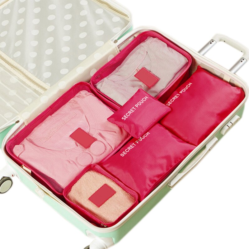 6 pièces/ensemble sac de voyage pour vêtements accessoires de voyage fonctionnels organisateur de bagages haute capacité maille emballage Cubes pratique: rose red