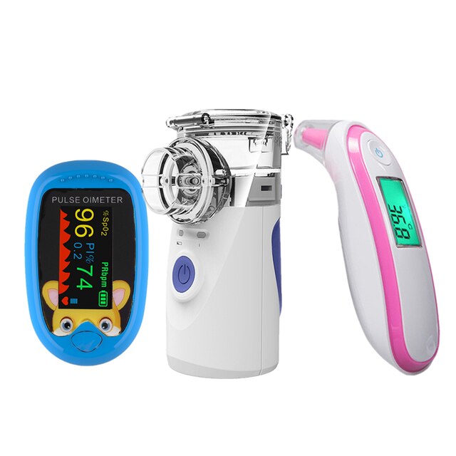 Oxímetro de dedo recargable para bebé, termómetro infrarrojo digital, Mini inhalador silencioso portátil, nebulizador: Blue blue pink