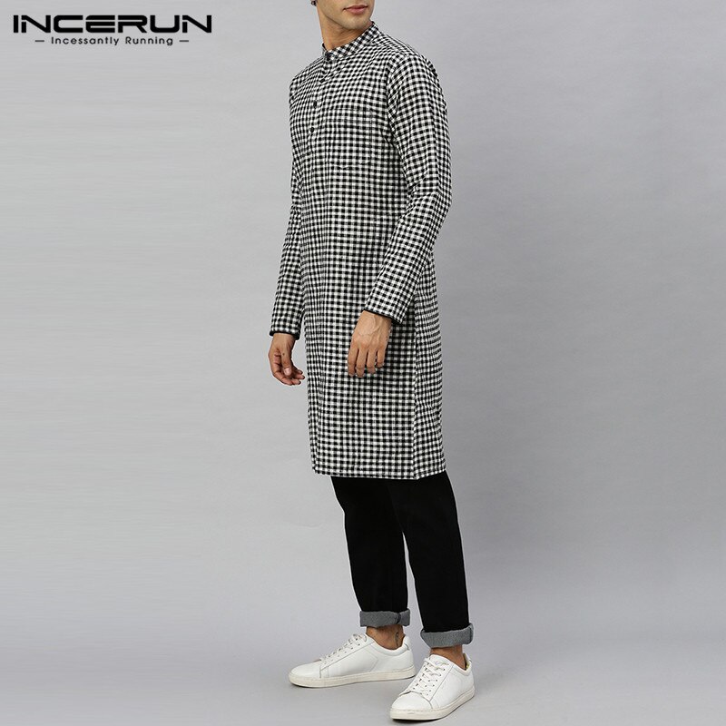 Incerun vintage lange overhemden heren geruite overhemden lange mouwen opstaande kraag camisa man losse knopen zak islamitische arabische tops