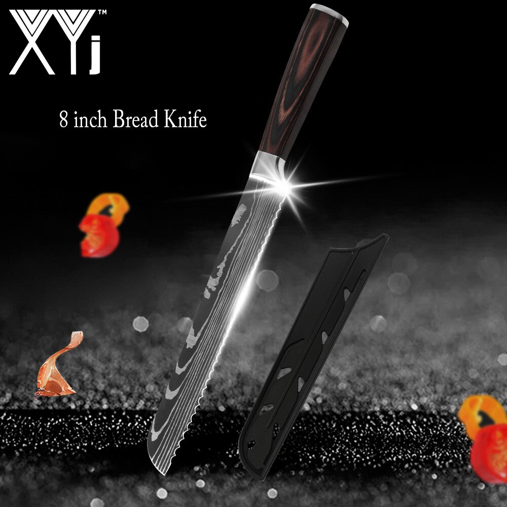 Japanse Keuken Mes Set Mes Covers Uitbenen Brood Eviscerate Gesneden Fruit Scherpe Nut Santoku Damascus Patroon Koken: 8 inch Bread Knife