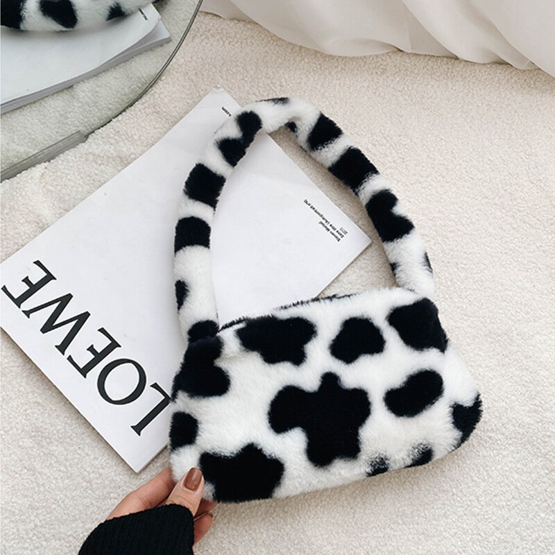 Winter Vintage Zebra Patroon Schouder Onderarm Zak Vrouwelijke Pluche Herfst Handtas Zachte Warme Bont Tote Purse Voor Lady Clutch Bag sac: cow