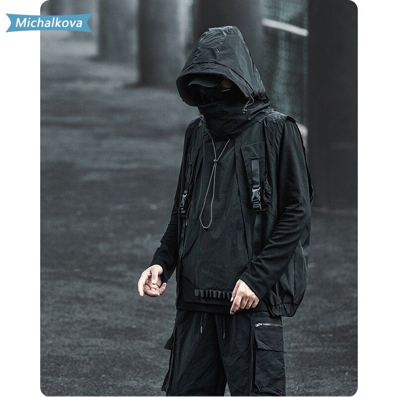 Lös väst fallskärmsjägare funktionsväst hip hop huva lastfickor dam/herr & #39 ;s kläder japansk stil harajuku michalkova