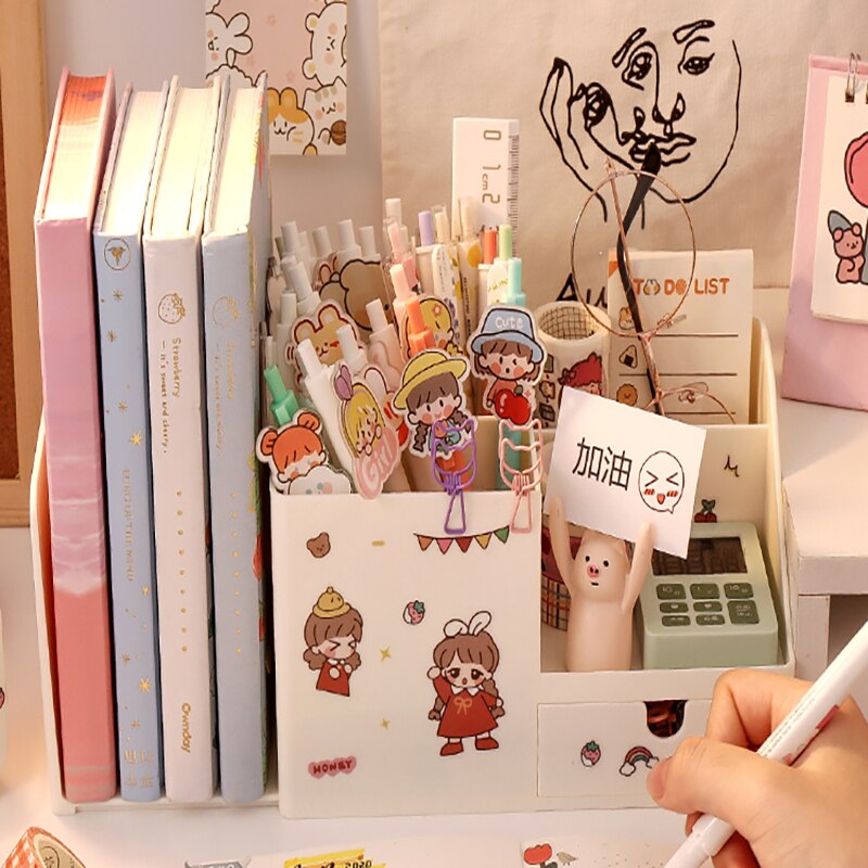 Cute Storage 3 In 1 School Multifunctional Desktop Box Pen Household Durable Plastic Stationery Storage Rack Drawer Organizer