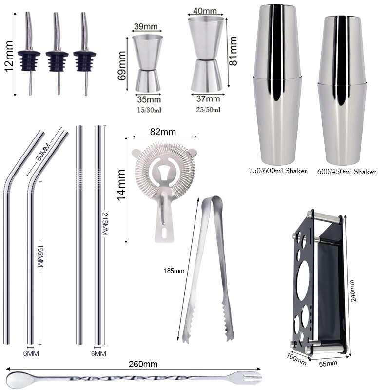 AREYOUCAN 14 stks/set Rvs 550/750ML Cocktail Shaker Jigger Ice Tong Stro + Rack Bar Cocktail Recepten