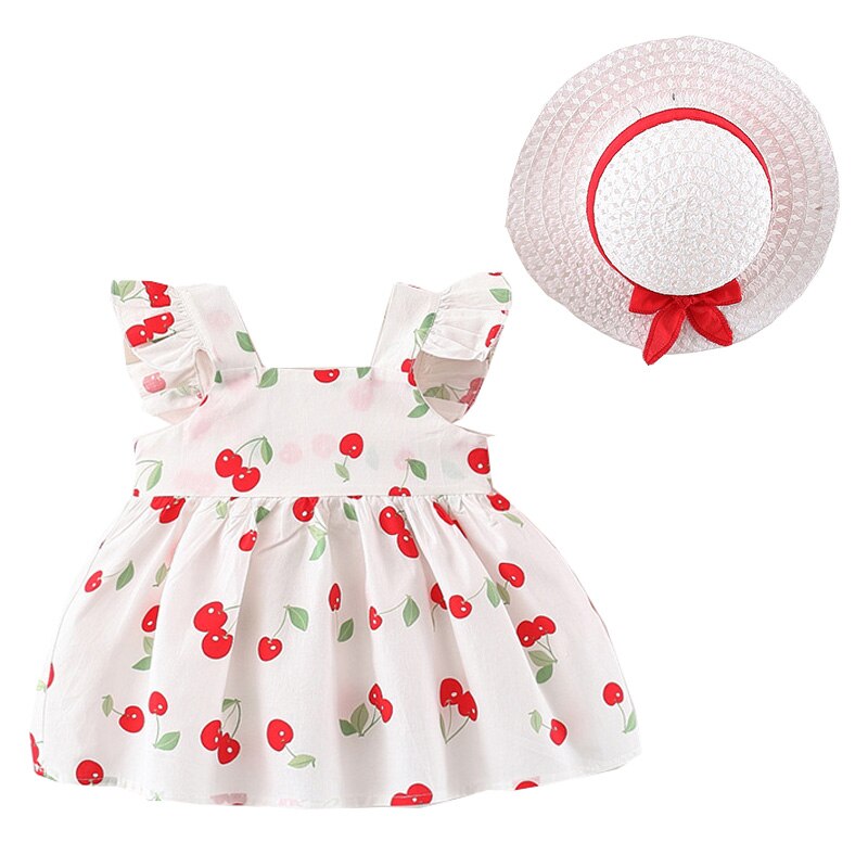 Cherry Baby Girls Dress With Hat Cotton Toddler Girls Casual Outfit 2 colori abbigliamento per bambini