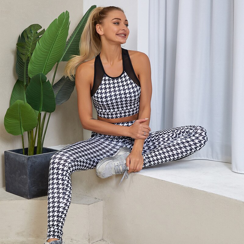 Gxqil Mesh Yoga Set Met Pocket Vrouwen Gym Workout Kleding Print Sport Bh Set Voor Fitness Pak Vrouwen Sportkleding Actieve dragen