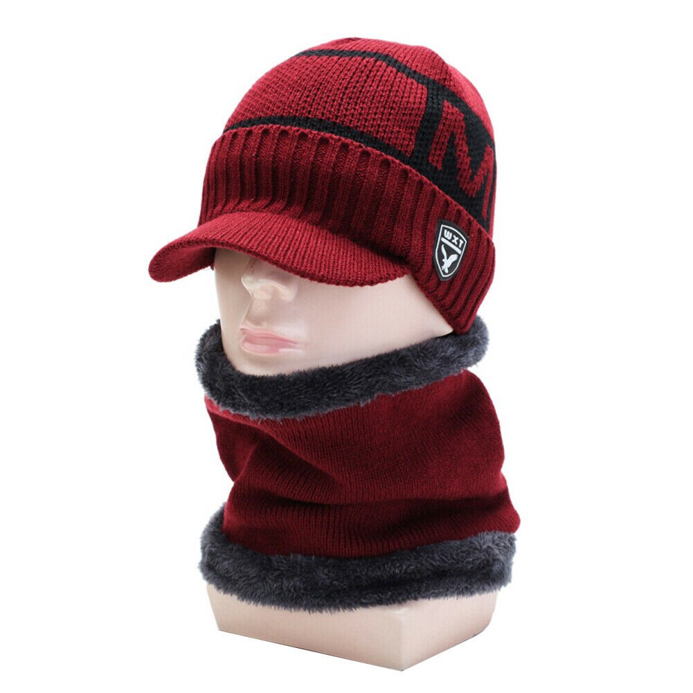 Brand Men Warm Winter Hat Knit Visor Beanie Fleece Lined Billed Beanie with Brim Cap: Red