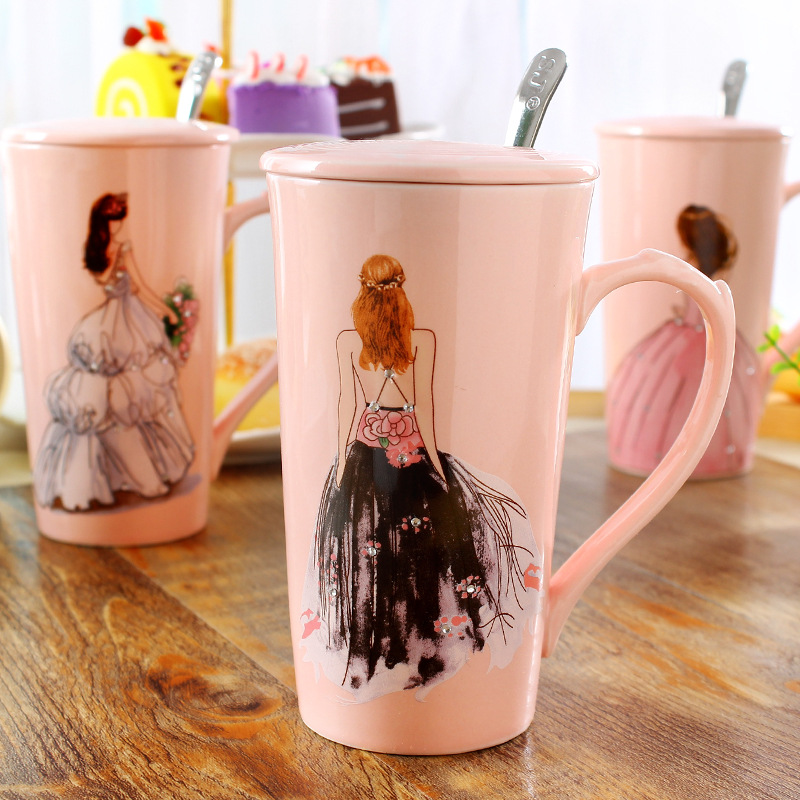 3d rosa vakre jenter i diamantbrudekjole kaffekrus med skje lokk vann te melkekopp