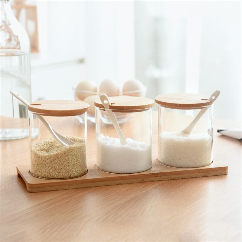 Glas krydderi krydderiflaske glas sukker salt opbevaringskrukke krydderikrukker med træske køkken urt krydderi værktøjer: Sæt b