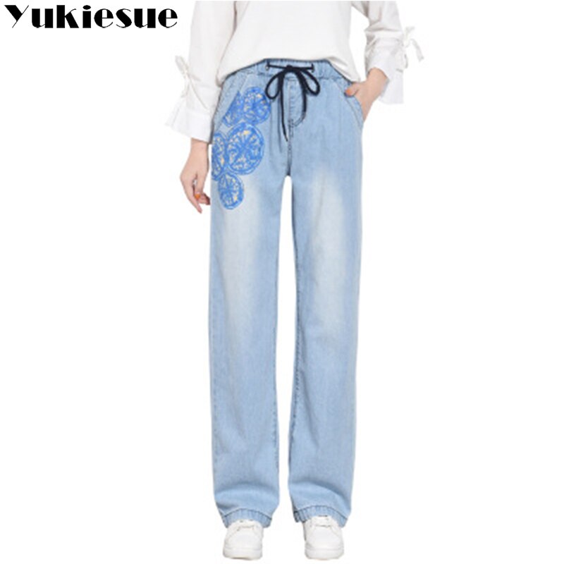 Jean denim imprimé Floral pour femme, pantalon ample, taille haute, jambes larges