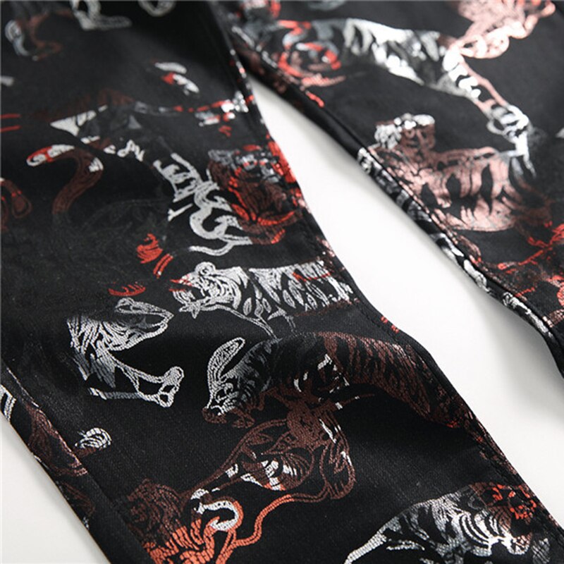 Sokotoo mannen tiger animal gedrukt coated jeans slim fit black geschilderd stretch broek