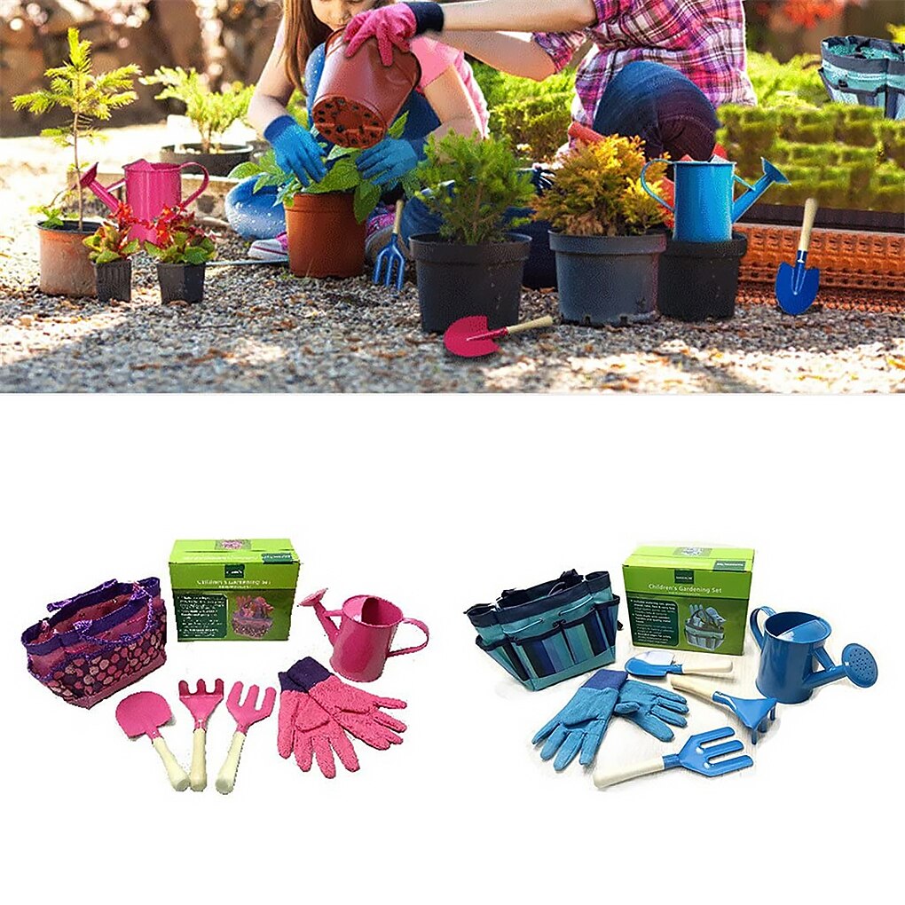 Children Gardening Gloves Kit Gardening Watering Tools Set Kids Water Pot Harrow Fork Spade Gardening Gloves Kit