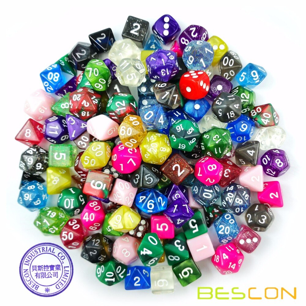 Bescon 120 Pcs Schat Set, Willekeurig Gemengde Rpg Dobbelstenen Pack Van 120; polyhedrale Dobbelstenen Mix Van Rainbow Glitter,Gem,Swirly, Steen Stijlen