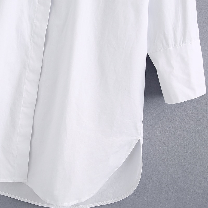Novedad de , Blusa de popelina blanca informal con botones de decoración de estilo simple para mujer, abertura lateral de oficina con camisas, blusas elegantes LS6562