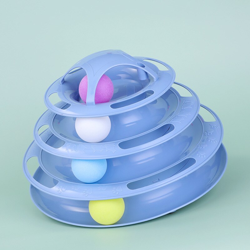 4 Levels Pet Cat Toy Training Amusement Plate Kitten Interacitve Tower Tracks Disc Cat Intelligence Amusement Triple Disc tumble: Blue