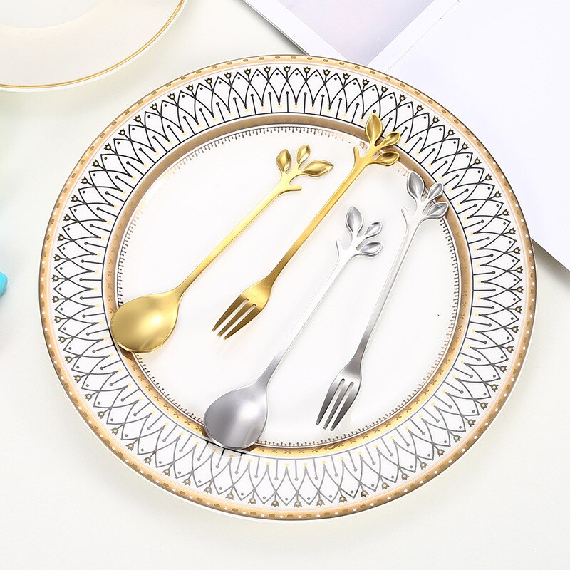 5pcs Stainless Steel Spoon Branch Leaves Spoon Fork Coffee Spoon Christmas Kitchen Accessories Tableware Decoration