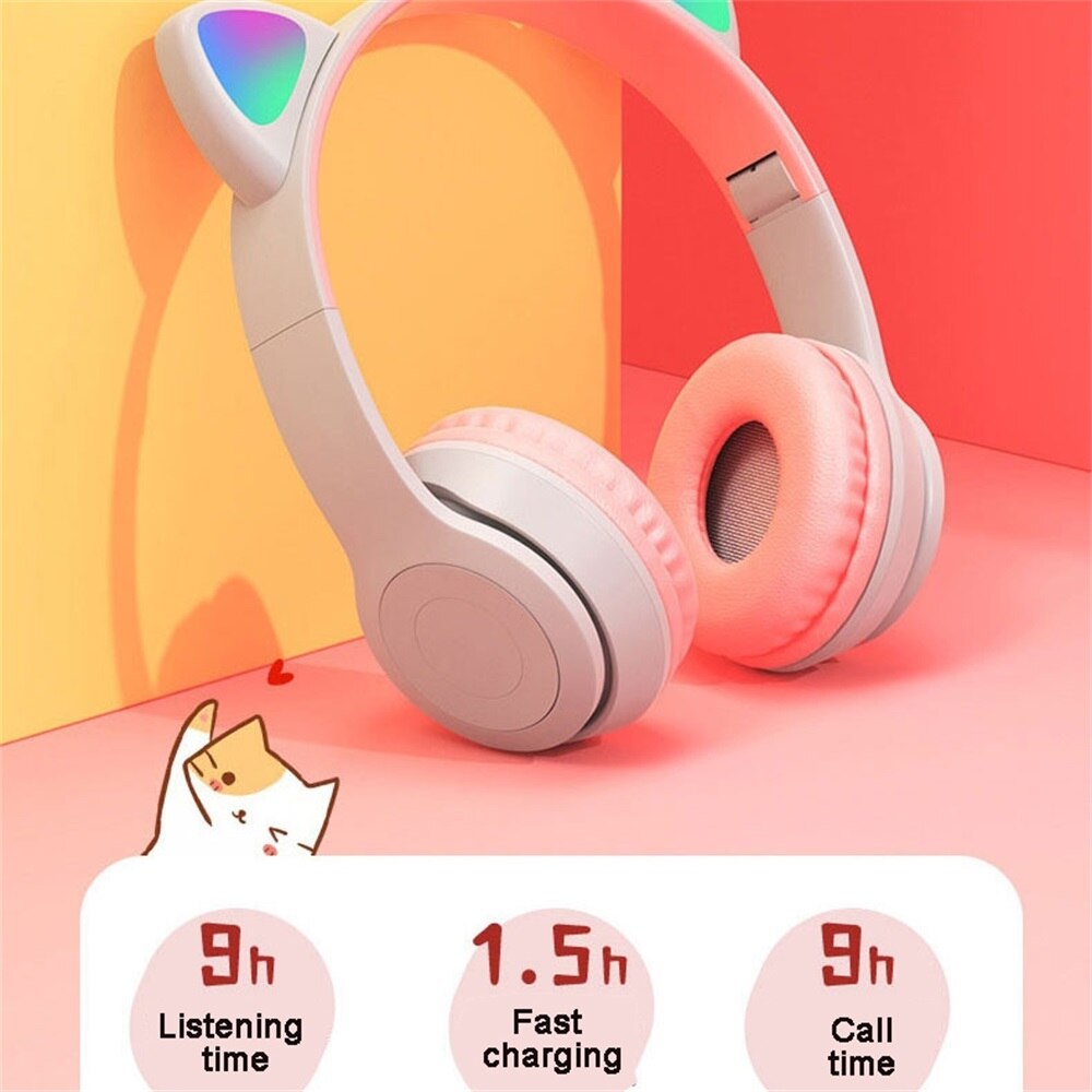Cute Cat Ears Bluetooth Wireless Headphone With Mic Noise Cancelling Stereo Music Helmet Phone Headset Kid Girl