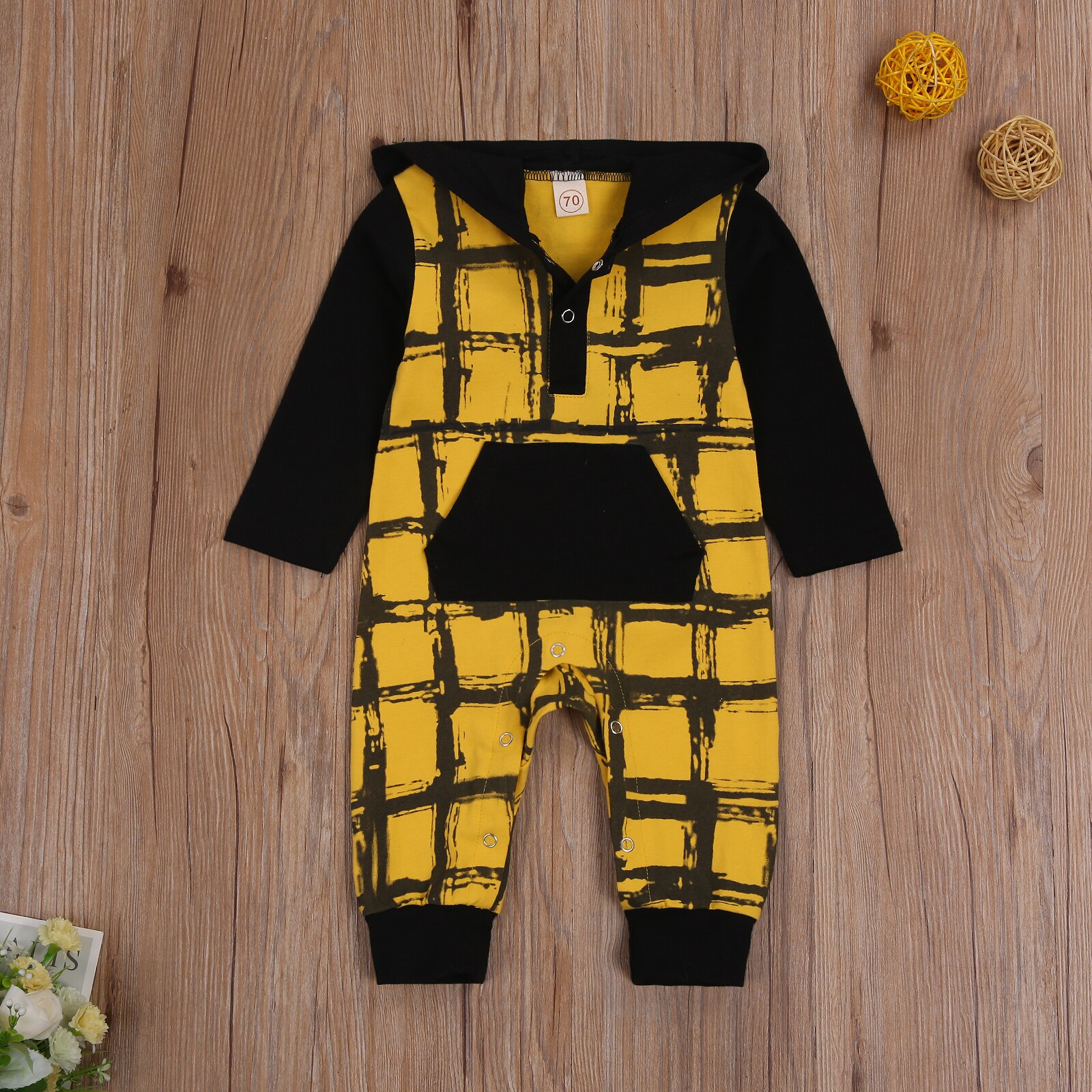 0-24M Baby Jongen Meisje Hooded Jumpsuit Lange Mouwen Plaid Print Button Een Stuk Romper Met Pocket