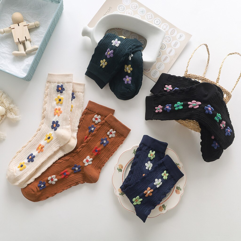 Women Autumn Winter Socks Ladies Knitting Flowers Happy Female Socks Casual Sox