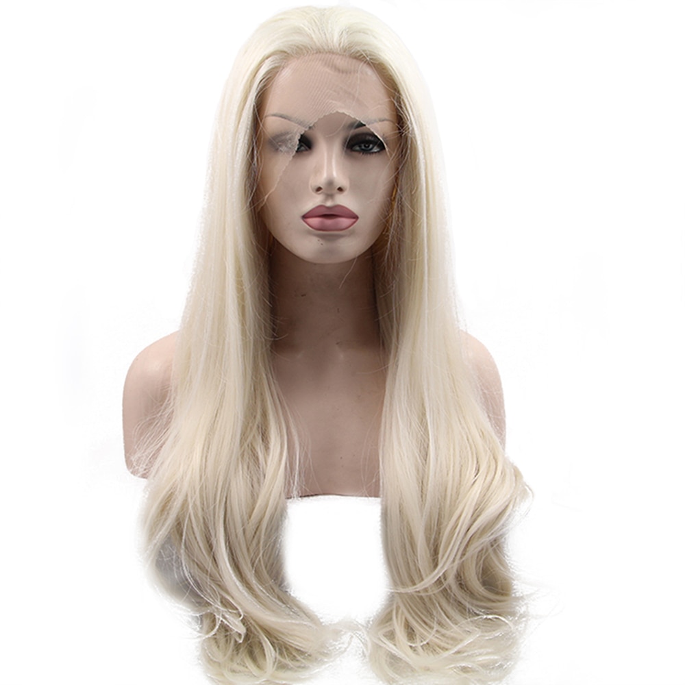 BESTUNG Platina Blonde Lange Natuurlijke Golvend Lace front Pruiken Hittebestendige Synthetisch Haar Pruik voor Vrouwen