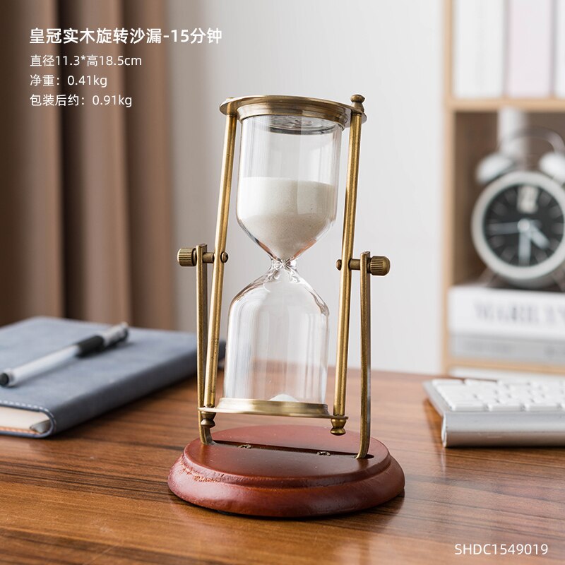 Luxury Retro Metal Time Hourglass Pendulum Timer Sand Nordic Home Decoration Wooden Hour Glass Clock Office Bookshelf Decor: Wooden base 15min