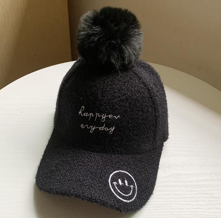 Hoed Vrouwen Herfst Winter Pet Student Koreaanse Stijl Alle-Match Brieven Baseball Cap Pluche Verdikte Warm hoed: Smiley face-Black