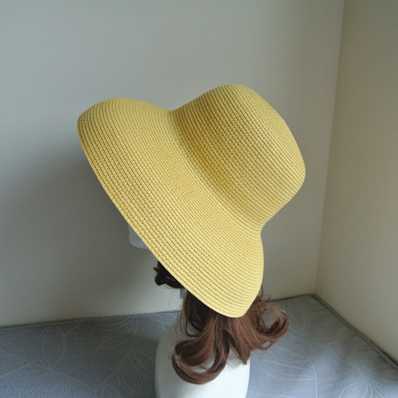 Sombrero parasol Vintage para señora, Color puro, estilo Hepburn, vacaciones 56-58CM, temperamento , de verano, sombrero de paja de: Yellow