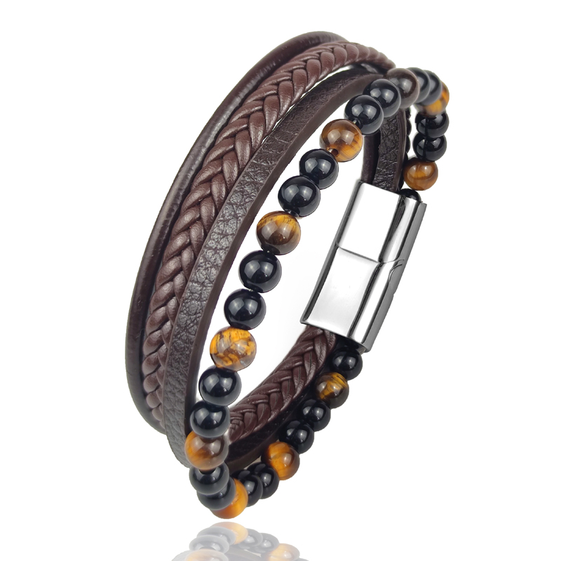 Pulseira de couro trançado para homens vintage, 4 tamanhos de tigre, pedra de amuleto, pulseira étnica rústica de aço inoxidável com contas: S brown-yel stone / 18.5 centímetros