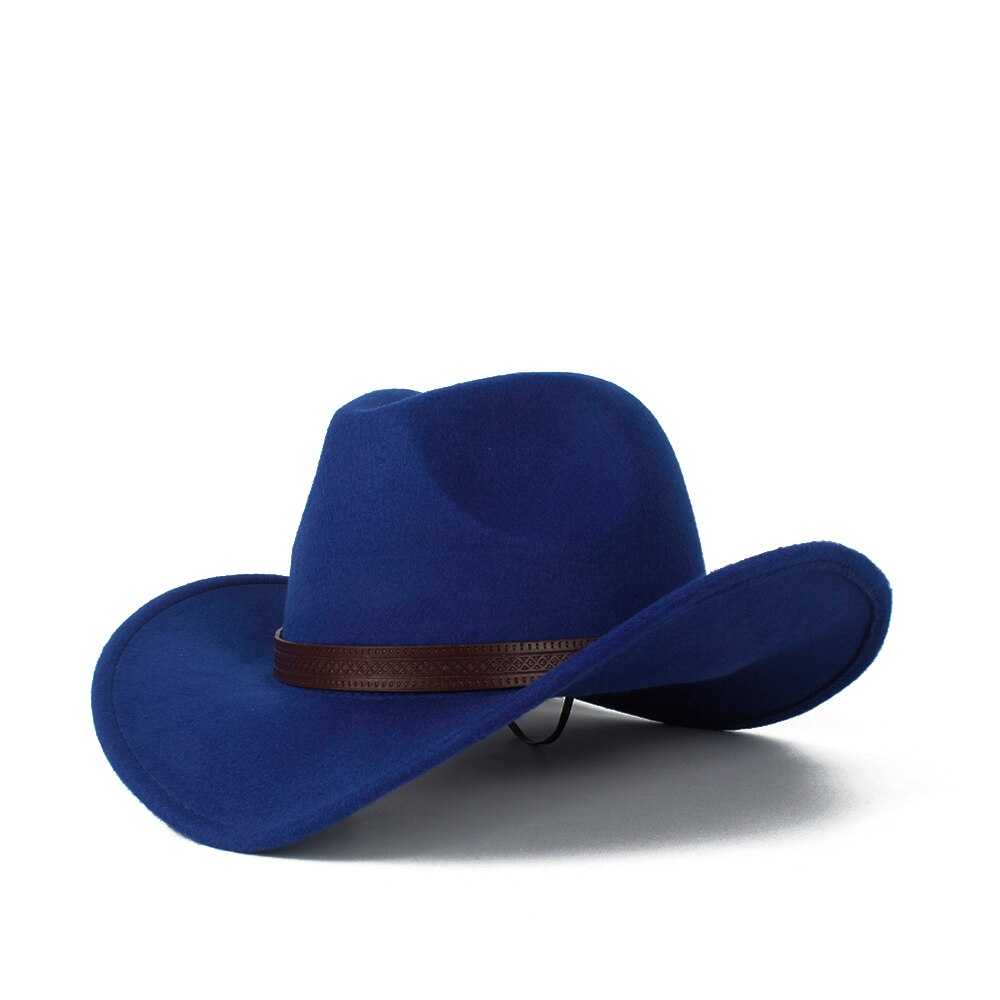 Women Men Wool Hollow Western Cowboy Hat Gentleman Outblack Sombrero Hombre Jazz Cap Size 56-58: Blue