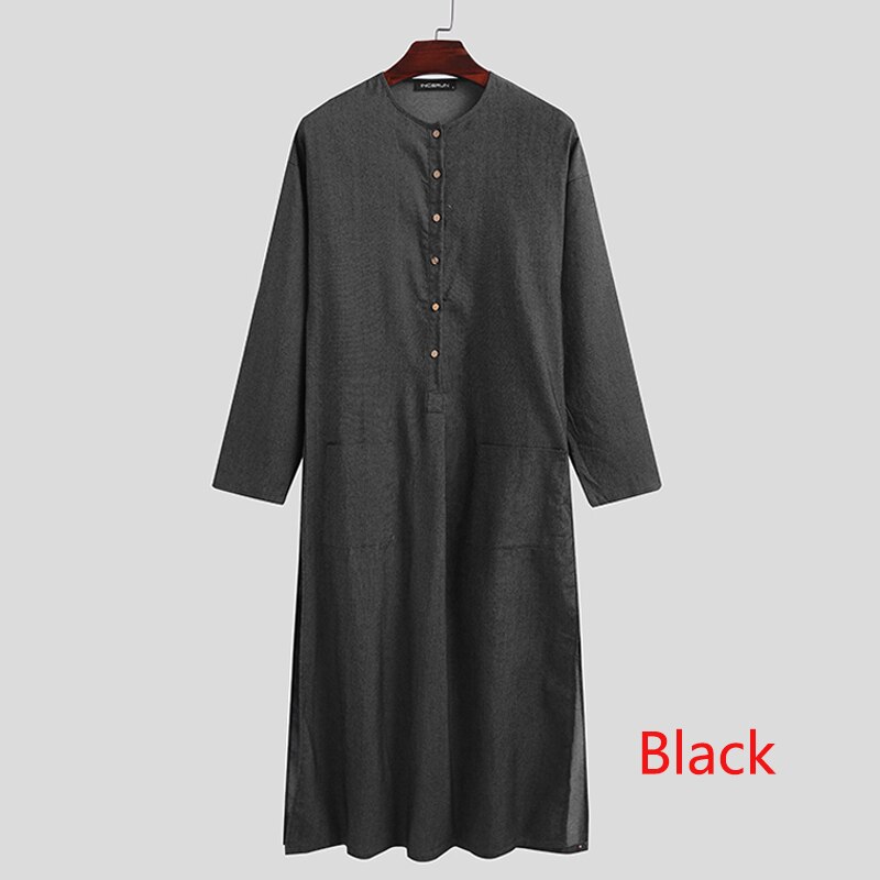 Katoen Vintage Mannen Gestreepte Gewaden Islamitische Kleding Losse Zakken Lange Mouw Saudi-Arabië Mannen Jubba Thobe Moslim Kaftan Zwart S